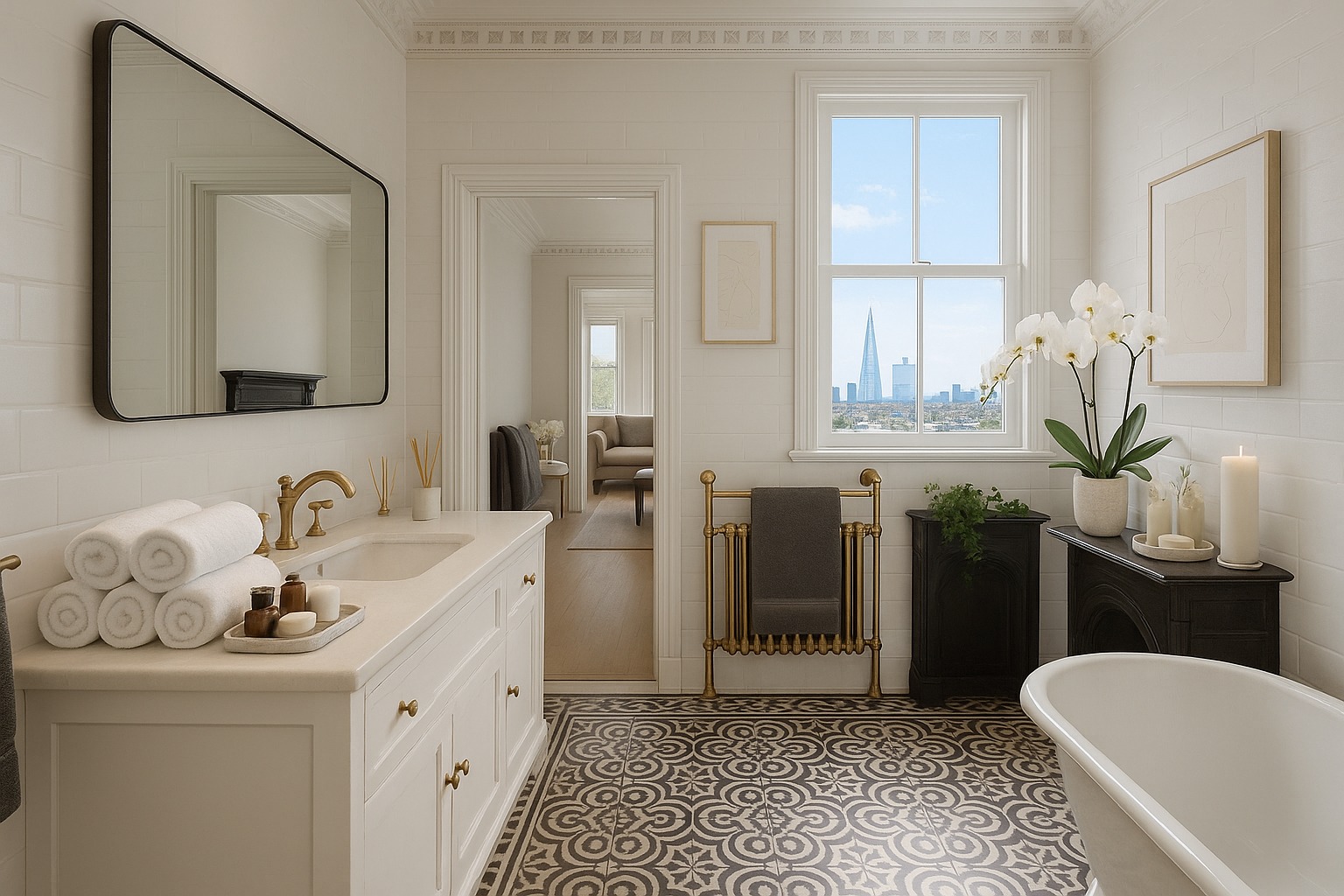 A Salus Living serviced apartment bathroom with London skyline view